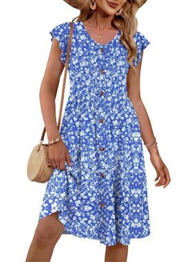 Women's Floral Blue Summer V-Neck Casual Ruffle Sleeve Sun Dress with Pockets